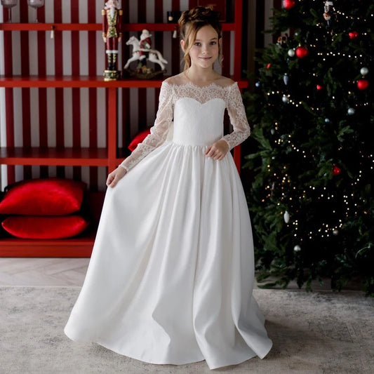 Apliques de rosa blanca con lazo, manga larga para bodas, cumpleaños, banquetes, comunión, vestidos de niña de las flores personalizados. 