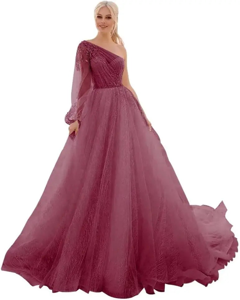 One Shoulder Appliques Tulle Prom Dresses Glitter Ball Gown Wedding Dress Princess Formal Gown