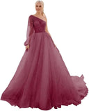 One Shoulder Appliques Tulle Prom Dresses Glitter Ball Gown Wedding Dress Princess Formal Gown