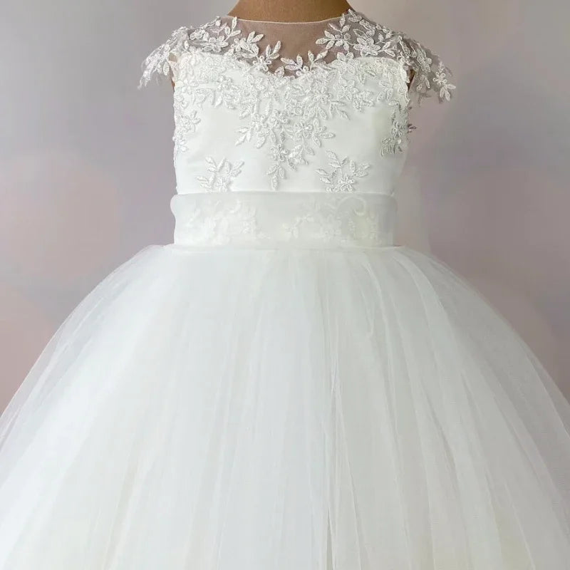 Vestidos de niña de las flores con apliques de tul blanco y lazo, sin mangas, para bodas, cumpleaños, fiestas, primera comunión. 