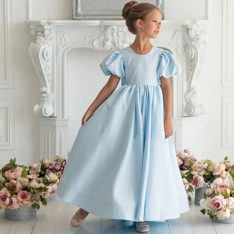Himmelblau Satin mit Schleife Perlen Kurzarm für Hochzeit Geburtstag Party Prom Bankett Prinzessin Kleider Blumenmädchenkleider 