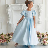 Himmelblau Satin mit Schleife Perlen Kurzarm für Hochzeit Geburtstag Party Prom Bankett Prinzessin Kleider Blumenmädchenkleider 