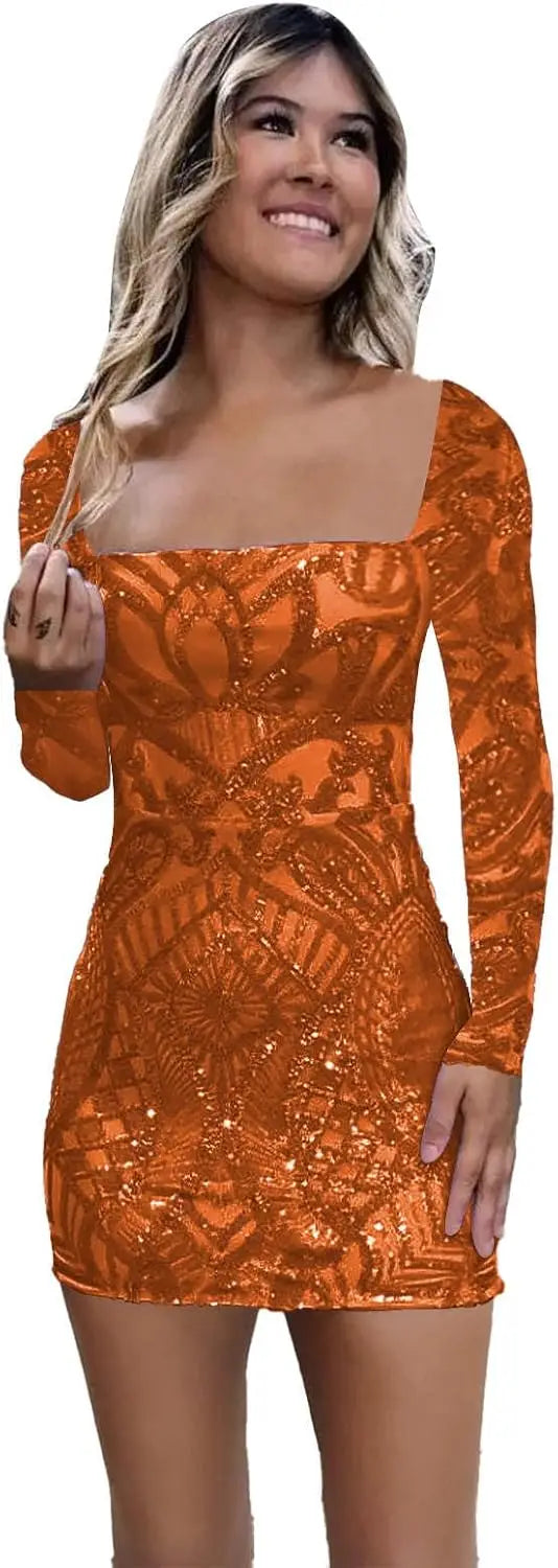 Vestidos de fiesta de manga larga con lentejuelas y encaje para mujer, cortos, ajustados, brillantes, con escote cuadrado, para cóctel o fiesta. 