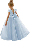 Flower Girls Lace Cap Sleeve Dress for Wedding Puffy Tulle Back V-Neck Pageant Prom Ball Gown with Bow princess dress