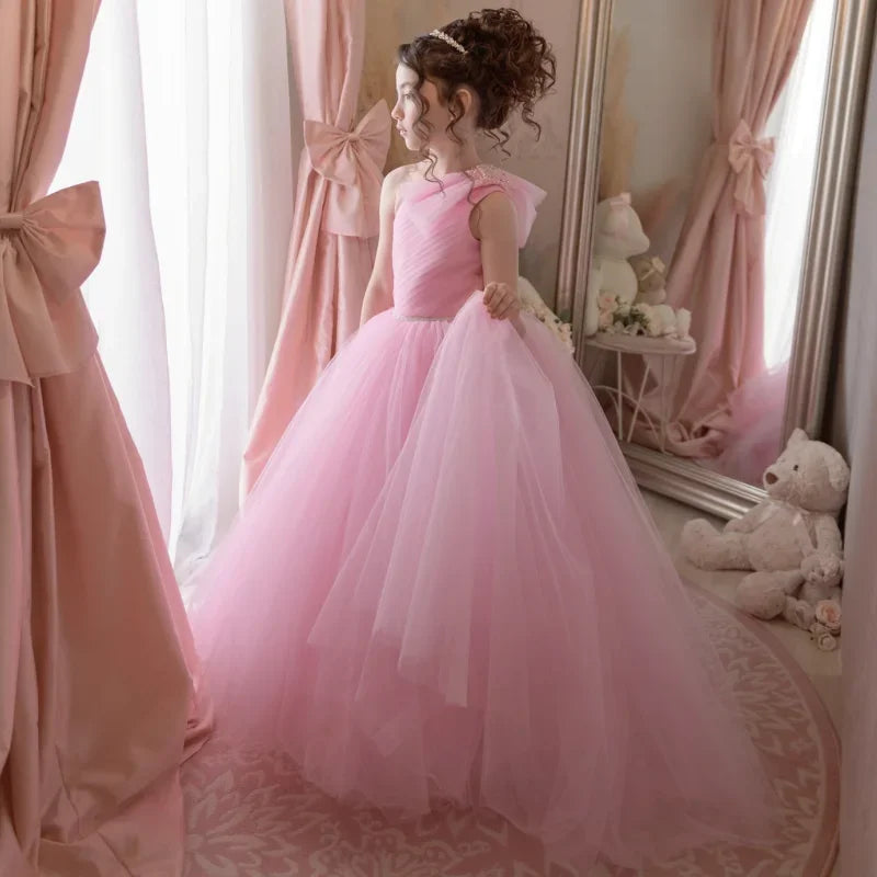 Pink Tulle With Belt Single Shoulder For Wedding Birthday Party Prom Banquet Princess Gowns Customized Flower Girl Dresses