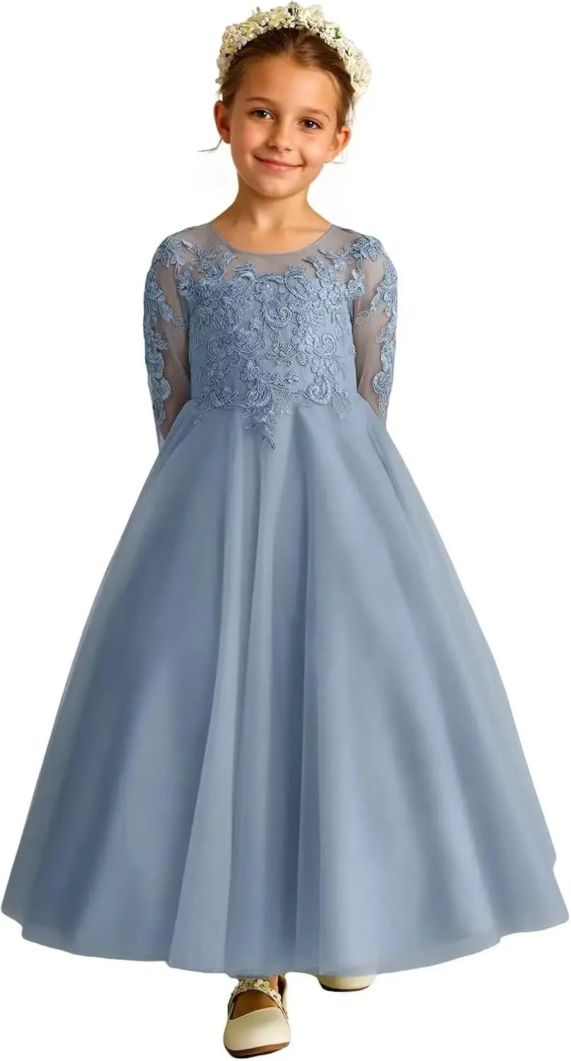 Tulle Lace Appliques Flower Girl Dresses for Wedding Long Sleeve Pageant Dress First Communion Dresses for Girls