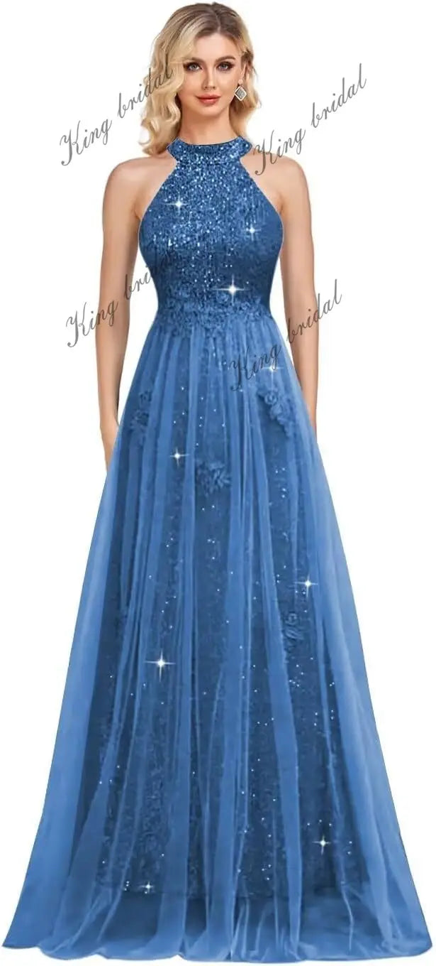 Vestidos de fiesta de lentejuelas con cuello halter y flores, hechos a medida, 2025, de tul brillante, corte A, para boda, fiesta formal de noche 