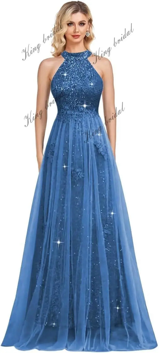 Vestidos de fiesta de lentejuelas con cuello halter y flores, hechos a medida, 2025, de tul brillante, corte A, para boda, fiesta formal de noche 