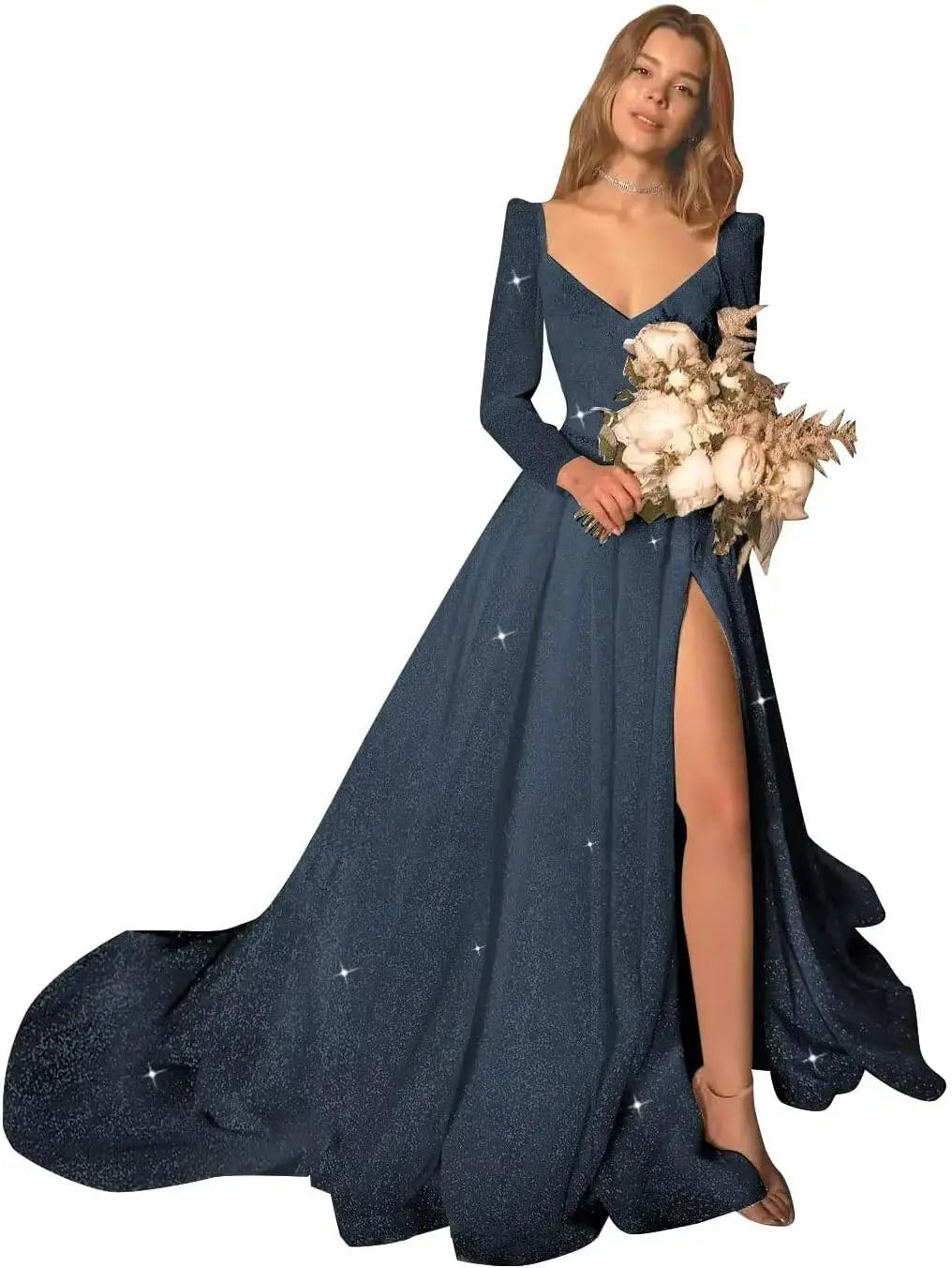 Glitter Prom Dresses Simple Long Sleeve Wedding Dresses for Bride A Line Princess Ball Gown with Slit simple wedding dress