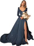 Glitter Prom Dresses Simple Long Sleeve Wedding Dresses for Bride A Line Princess Ball Gown with Slit simple wedding dress