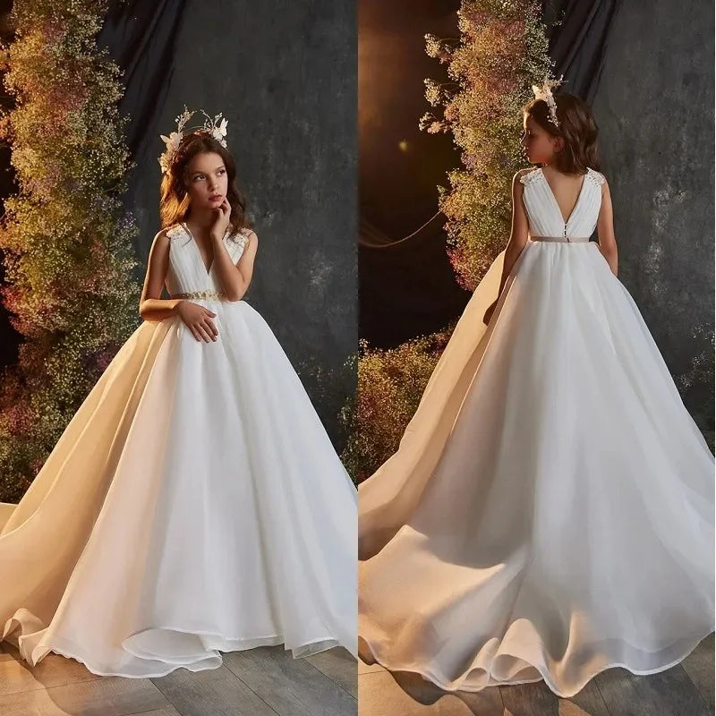 For Weddings Sleeveless Floor Length First Communionkids Birthday Party  Prom Dress White V-neck Simple Flower Girl Dresses
