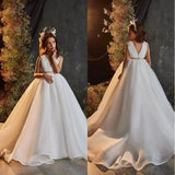 For Weddings Sleeveless Floor Length First Communionkids Birthday Party  Prom Dress White V-neck Simple Flower Girl Dresses