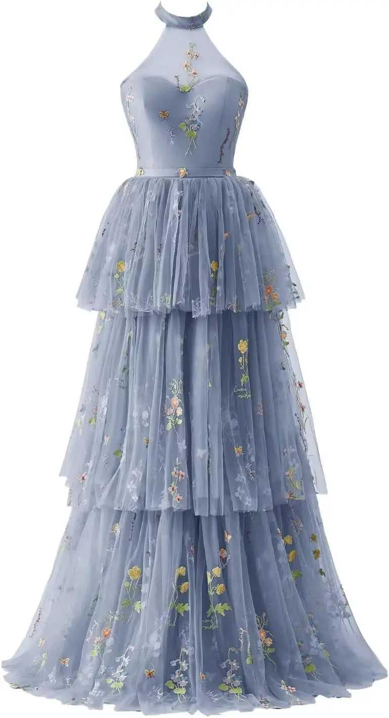 Vestidos de fiesta de tul para mujer con bordado de flores, corte A, largo hasta el suelo, vestidos formales de noche para fiesta 