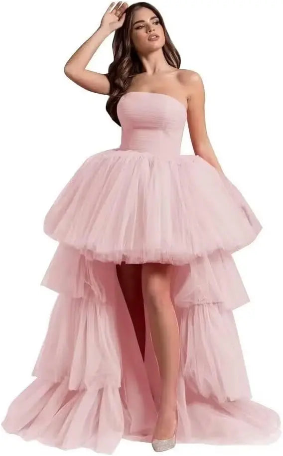 High Low Tüll Ballkleider Lange trägerlose gestufte Abendkleider A-Linie Abendkleid mit Schleppe Partykleider Damen Abend 