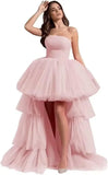 High Low Tüll Ballkleider Lange trägerlose gestufte Abendkleider A-Linie Abendkleid mit Schleppe Partykleider Damen Abend 