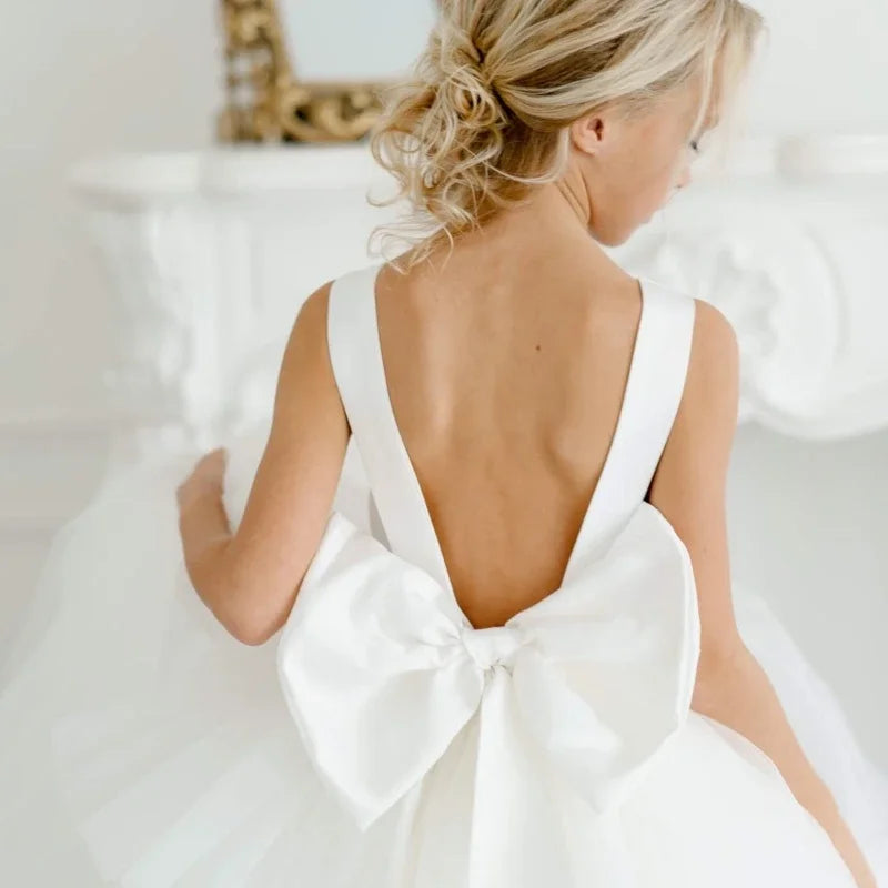 Vestidos de primera comunión para banquete de cumpleaños, personalizados, de tul blanco con capas y lazo, sin mangas, para boda 