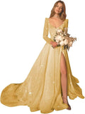 Glitter Prom Dresses Simple Long Sleeve Wedding Dresses for Bride A Line Princess Ball Gown with Slit simple wedding dress