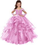 Custom made Princess Long Sleeve Flower Girl Dresses Appliques Ruffles Tulle Pageant Dresses for Girls Kids Party Ball Gowns