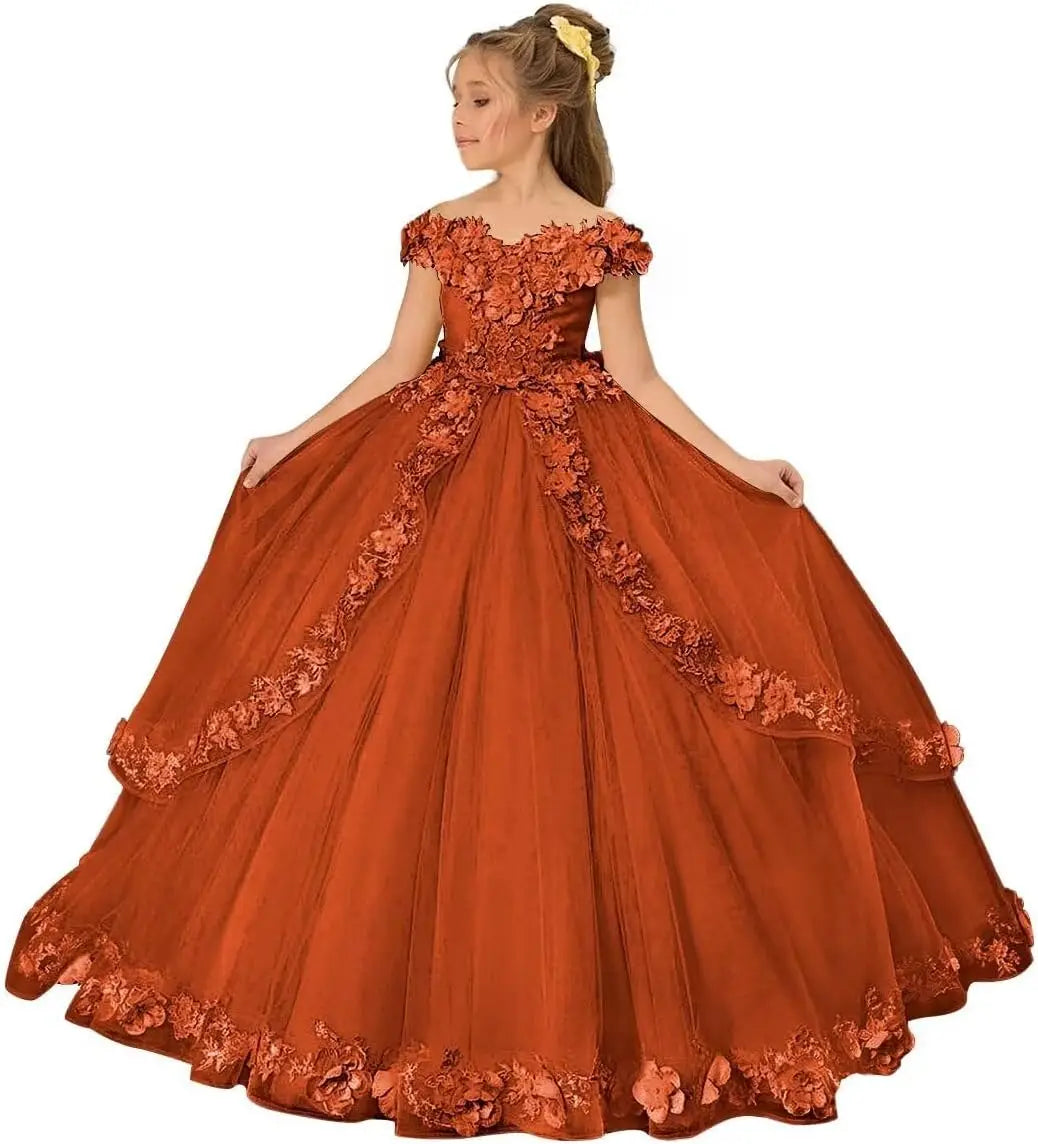 Vestido de tul para niña de las flores, para boda, con hombros descubiertos, para desfile, con flores 3D, estilo princesa, para fiesta 