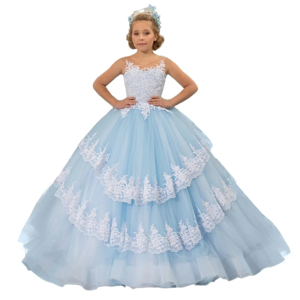 Vestido de princesa para banquete de fiesta de cumpleaños, personalizado, para niña de las flores, con apliques de encaje azul cielo y blanco, escalonado, sin mangas, para boda 