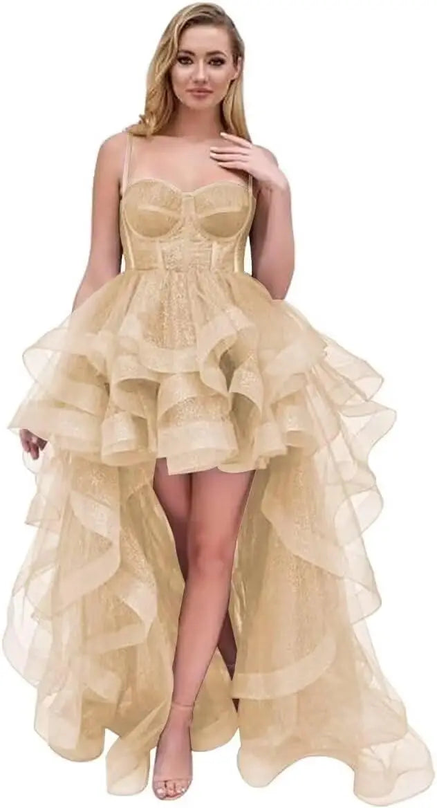 Vestido de fiesta corto de tul con tirantes finos y volantes 2025, vestidos de fiesta altos y bajos para adolescentes, vestido de graduación 