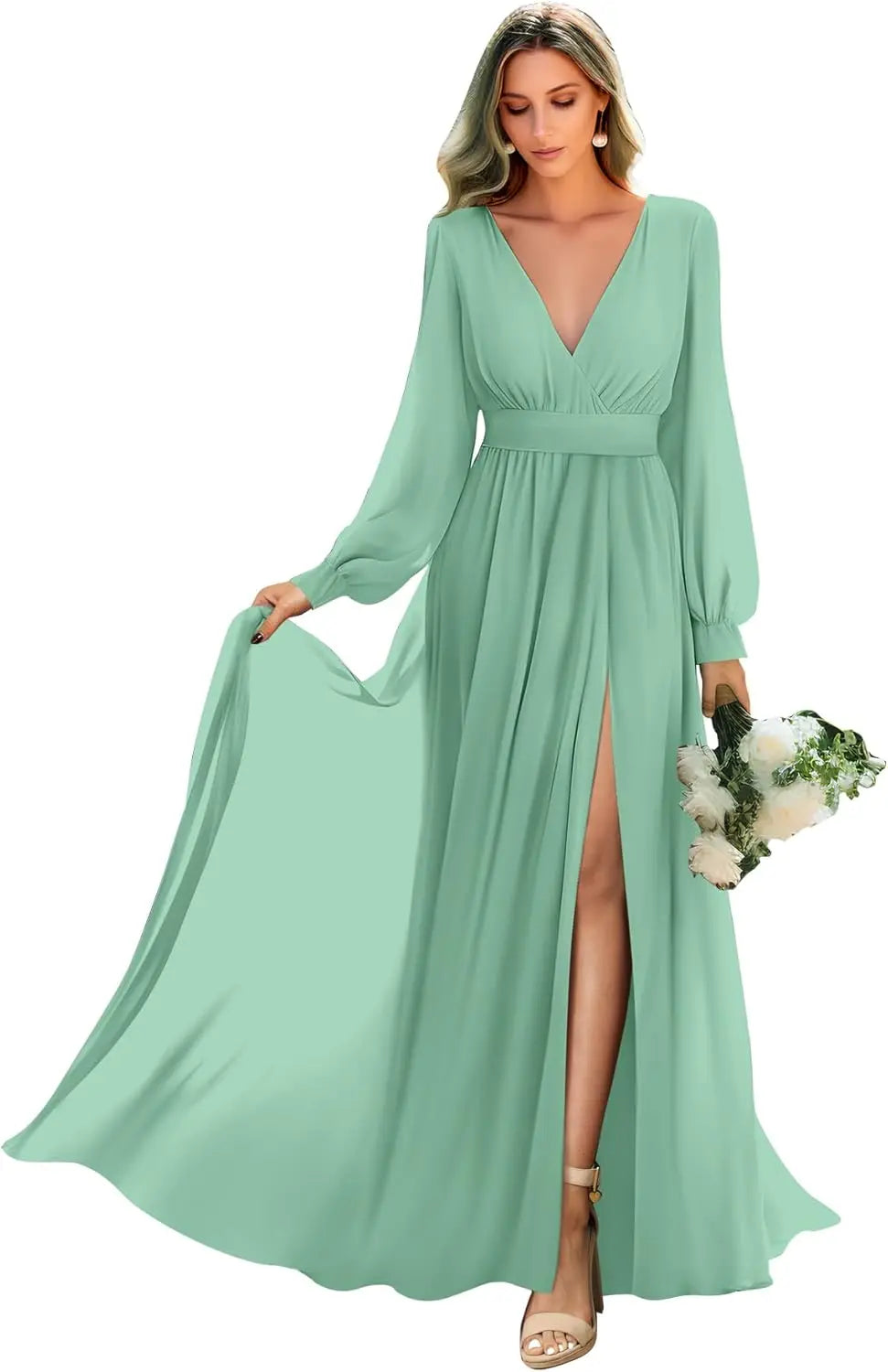 Long Sleeve Bridesmaid Dresses with Slit Pleated Wedding Party Gowns V Neck Chiffon Long Formal Dress evening dress