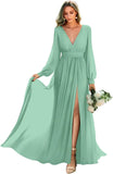 Long Sleeve Bridesmaid Dresses with Slit Pleated Wedding Party Gowns V Neck Chiffon Long Formal Dress evening dress