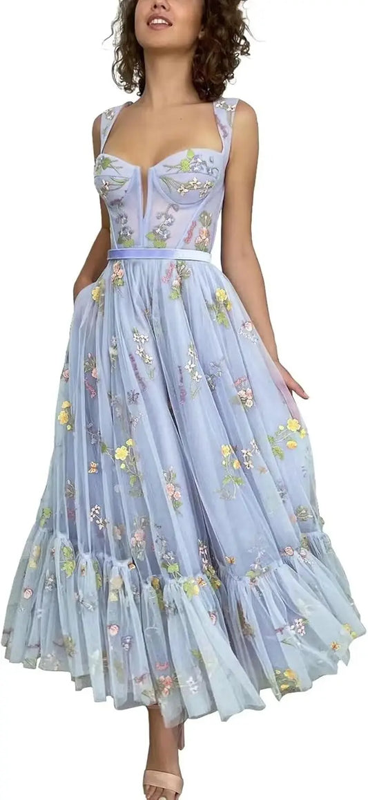 Custom Made Women's Flower Embroidery Tulle Prom Dresses Tea Length Corset A Line Fairy Formal Evening Party Gown Bridesmaid