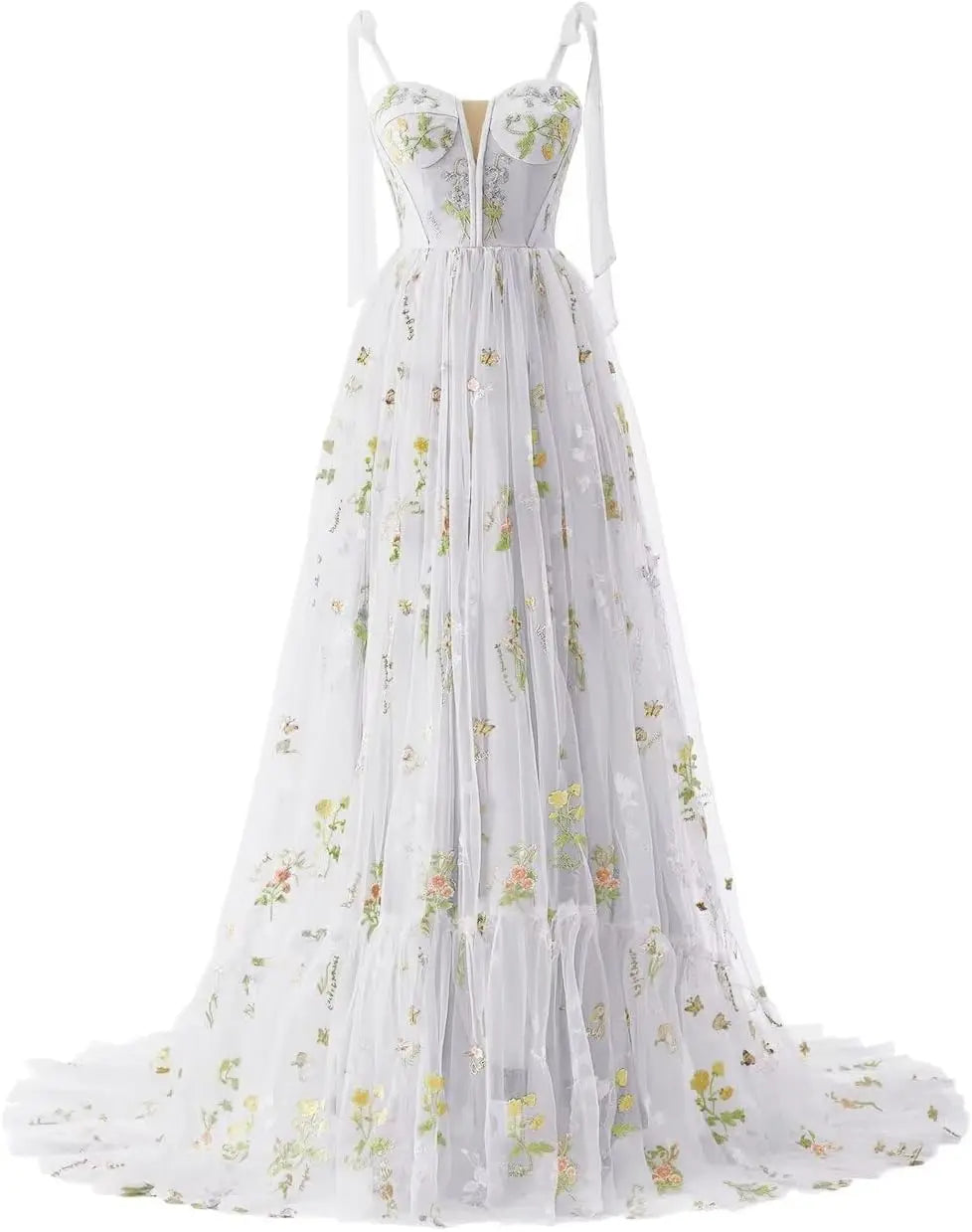 Women's Flower Embroidery Tulle Prom Dresses Corset Long Spaghetti Strap Fairy Ruched Formal Evening Party Gowns Bridesmaid Gown