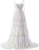 Women's Flower Embroidery Tulle Prom Dresses Corset Long Spaghetti Strap Fairy Ruched Formal Evening Party Gowns Bridesmaid Gown