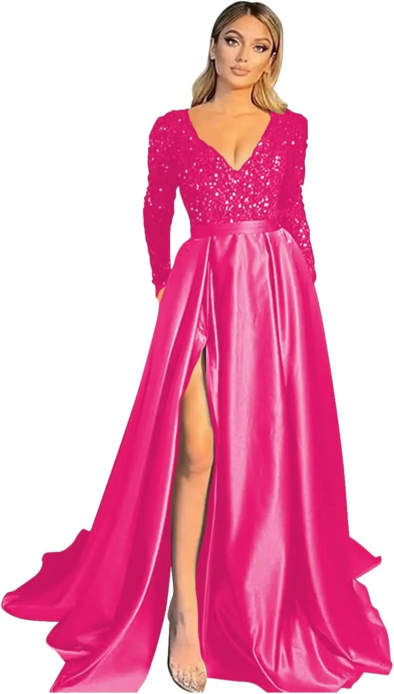 Vestido de fiesta de graduación con lentejuelas brillantes para mujer, con bolsillos, de satén de manga larga, vestido de noche formal con abertura, elegante para fiesta de boda 