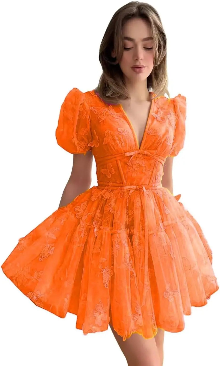 3D Butterfly Tulle Homecoming Dresses for Teens A-Line Short Sleeve Prom Cocktail Dress with Butterfly Appliques