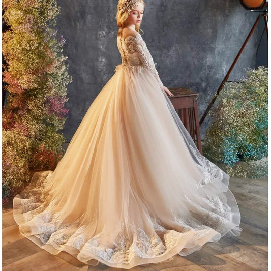 Vestido de tul champán con apliques blancos abullonados y manga larga para bodas, fiestas de cumpleaños y banquetes, personalizado para niñas de las flores. 