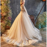 Vestido de tul champán con apliques blancos abullonados y manga larga para bodas, fiestas de cumpleaños y banquetes, personalizado para niñas de las flores. 