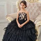 Lace Appliques Layered Sleeveless Girl Kids Birthday Ball Gown First Holy Communion Gowns Black Flower Girl Dresses for Wedding