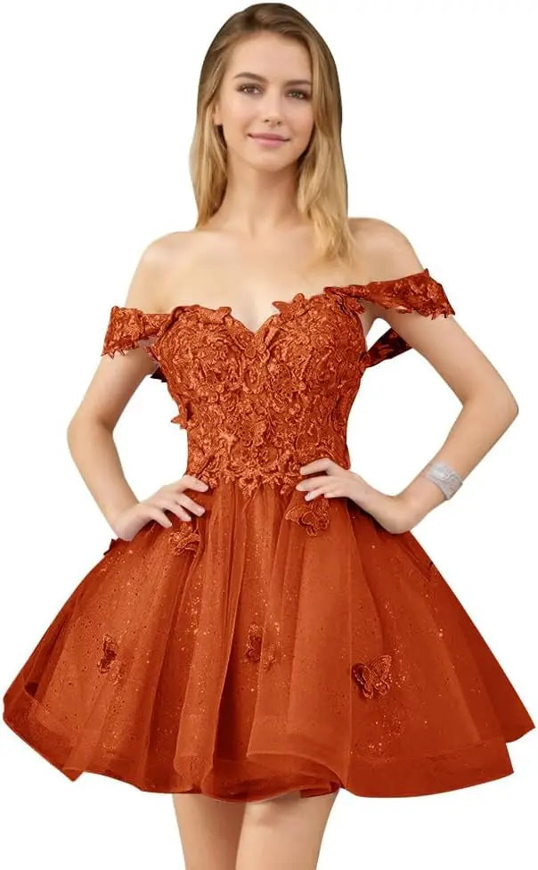 Glitter Tulle Appliques Homecoming Dresses for Teens Beaded Off Shoulder Short Prom Dresses Lace Cocktail Mini Dress Club Gowns
