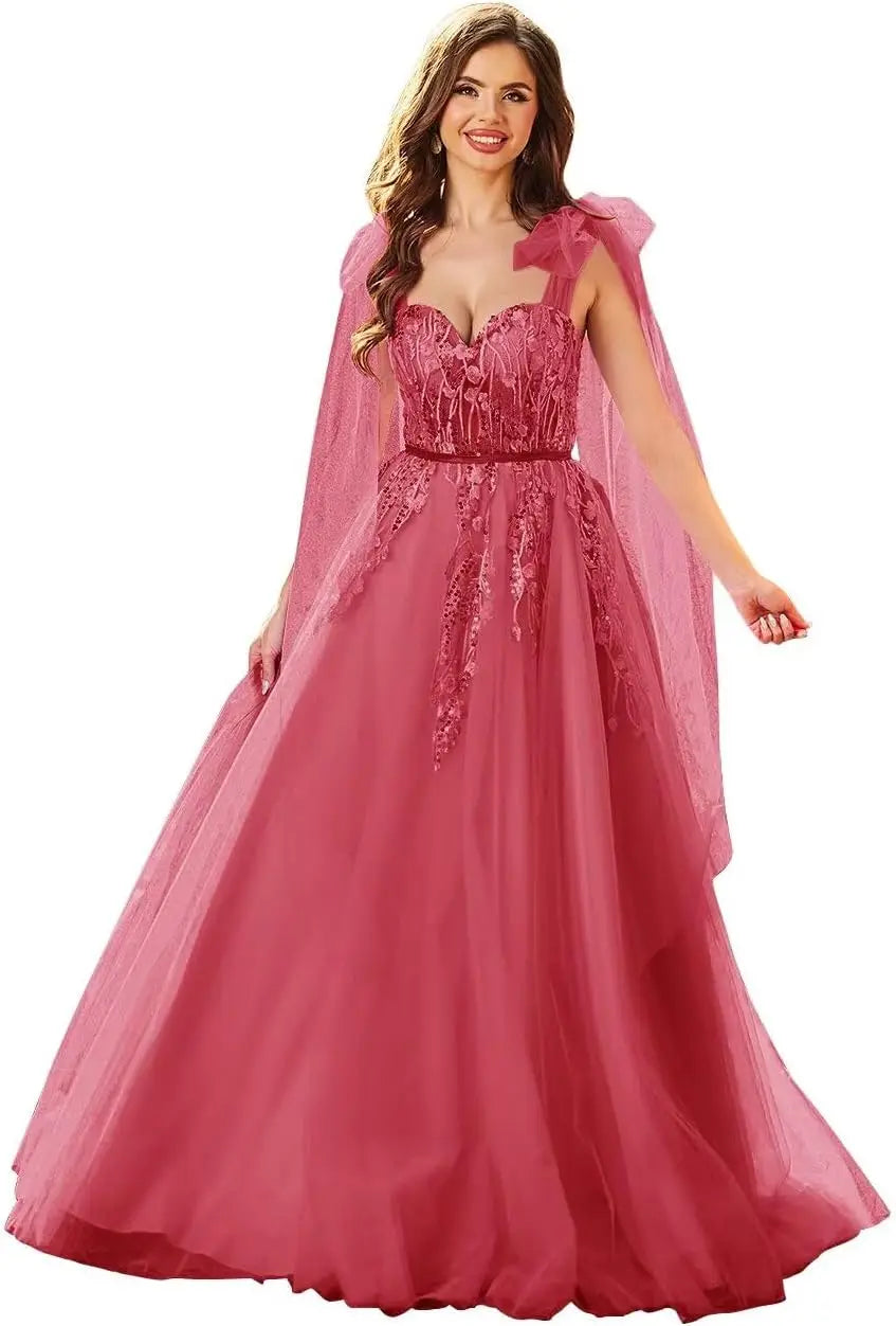 Vestidos de fiesta de tul con apliques de encaje para mujer, tirantes finos ajustables, vestidos de gala largos de corte A, vestidos de noche, vestidos de fiesta 