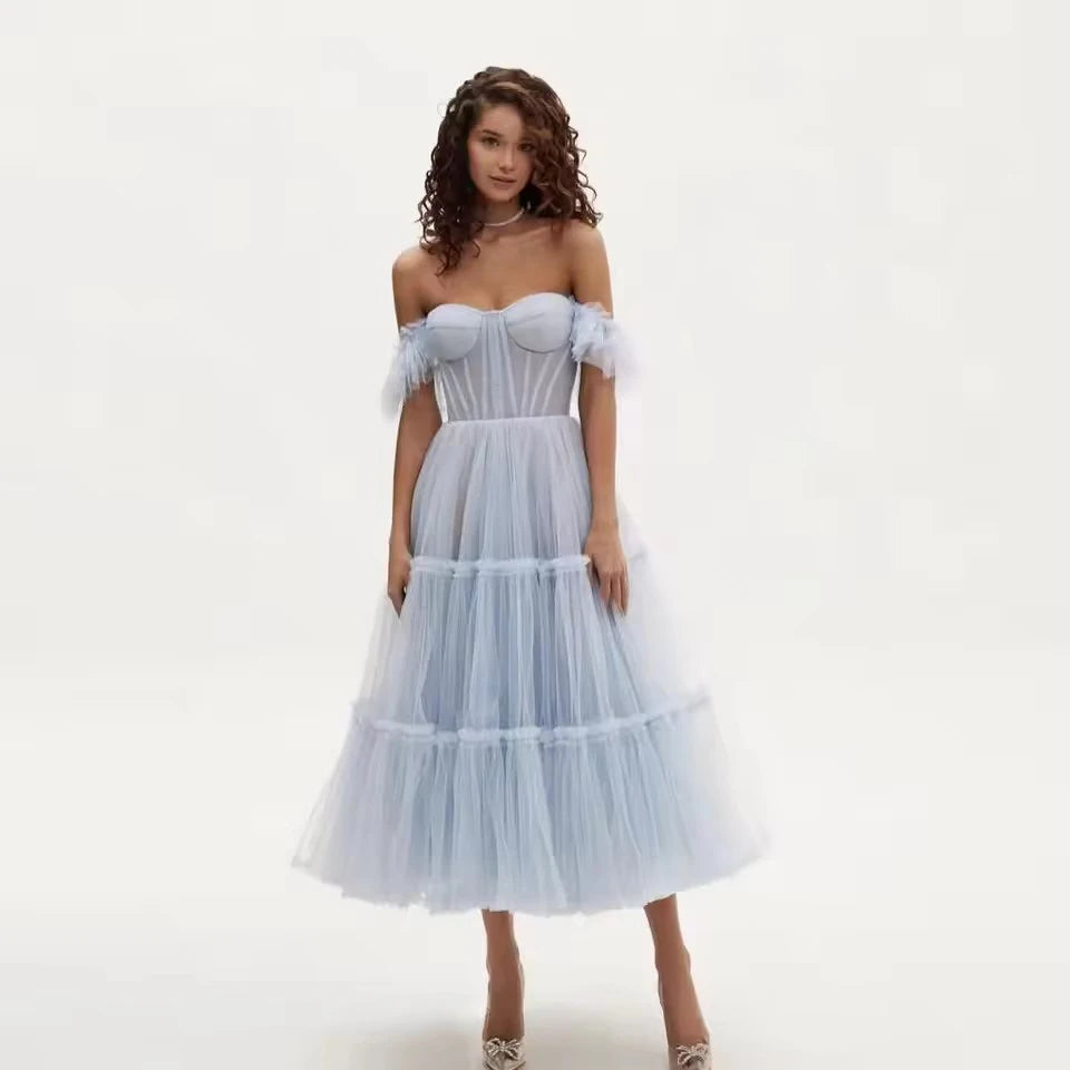 Sky Blue Women Dresses With Ruffles Trimmed Details Sweetheart Long Maxi Dress Party Tulle Ankle Length Off Shoulder Customized