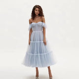 Sky Blue Women Dresses With Ruffles Trimmed Details Sweetheart Long Maxi Dress Party Tulle Ankle Length Off Shoulder Customized