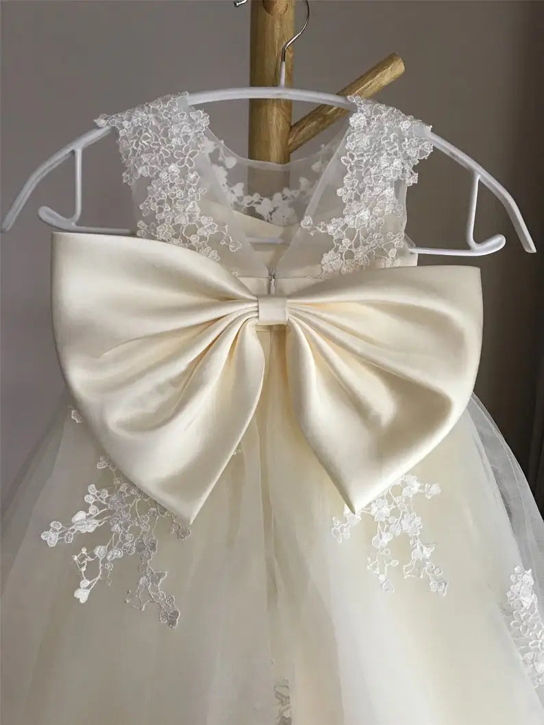 Ivory Lace tulle flower girl dress, illusion birthday girl dress with lace applique girls party dress  princess dress
