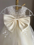 Ivory Lace tulle flower girl dress, illusion birthday girl dress with lace applique girls party dress  princess dress