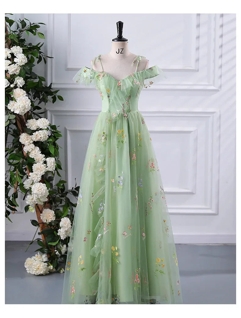 New Spaghetti Strap Evening Dresses Sweet Embroidery Flower Tulle Party Dress Elegant Long A-line Prom Dresses Customized