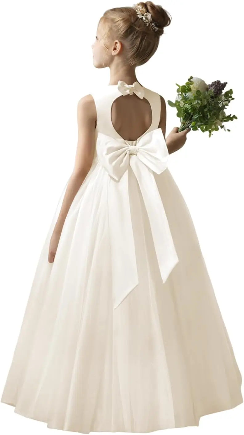 Flower Girl Dresses for Wedding Puffy Satin Tulle Princess Pageant Dress for Girls Crew Neck Tulle Bow Prom Ball Gowns