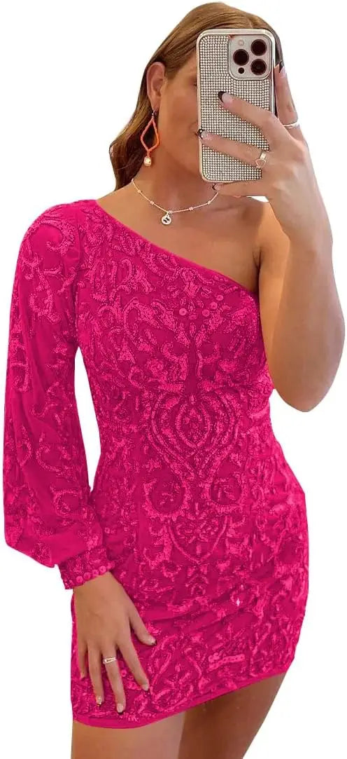 Vestidos de fiesta de encaje con lentejuelas brillantes para adolescentes, mangas abullonadas, un hombro, minivestido de cóctel para graduación, vestidos de noche 