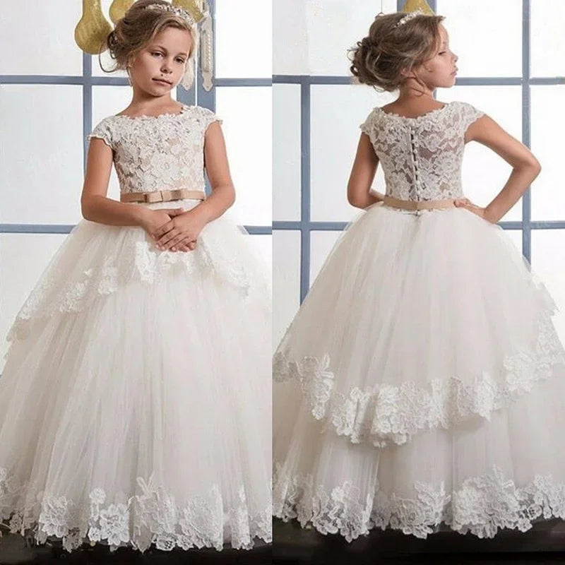 Tüll Puffy Applikationen Spitze mit Schleife ärmellos für Hochzeiten Geburtstagsfeier Festzug Erstkommunion Kleider Blumenmädchenkleider 