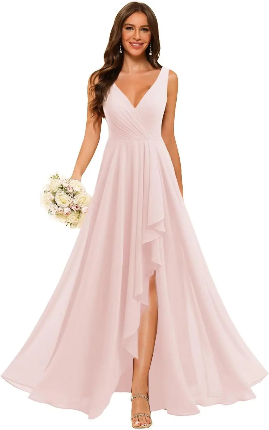 Women's V Neck Bridesmaid Dresses with Slit 2025 Chiffon A-line Formal Evening Gowns with Pockets bridesmaid dress for weddings