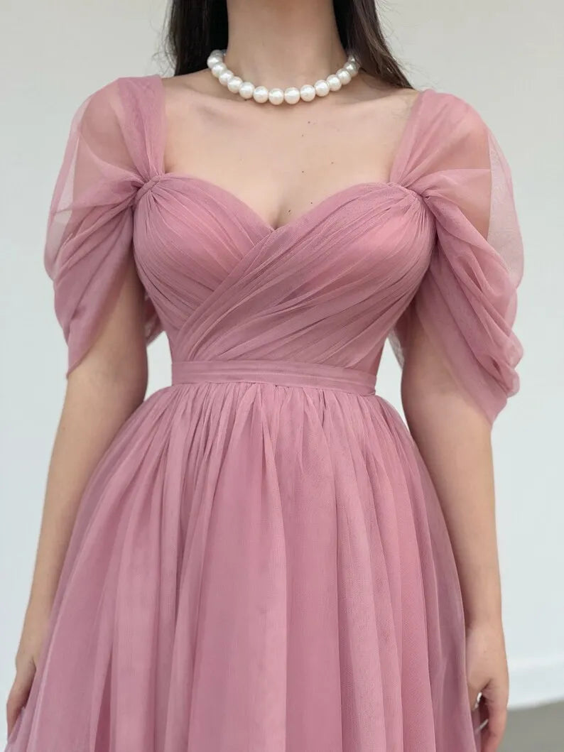 Tulle Sweetheart A-line Evening Dresses Off the Shoulder Tea-Length Formal Dress With Pleats & Bow Elegant Lace Up Prom Gowns