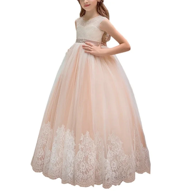 Champagne Appliques Lace Hem With Belt Sleeveless For Wedding Birthday Party Banquet First Communion Gowns Flower Girl Dresses