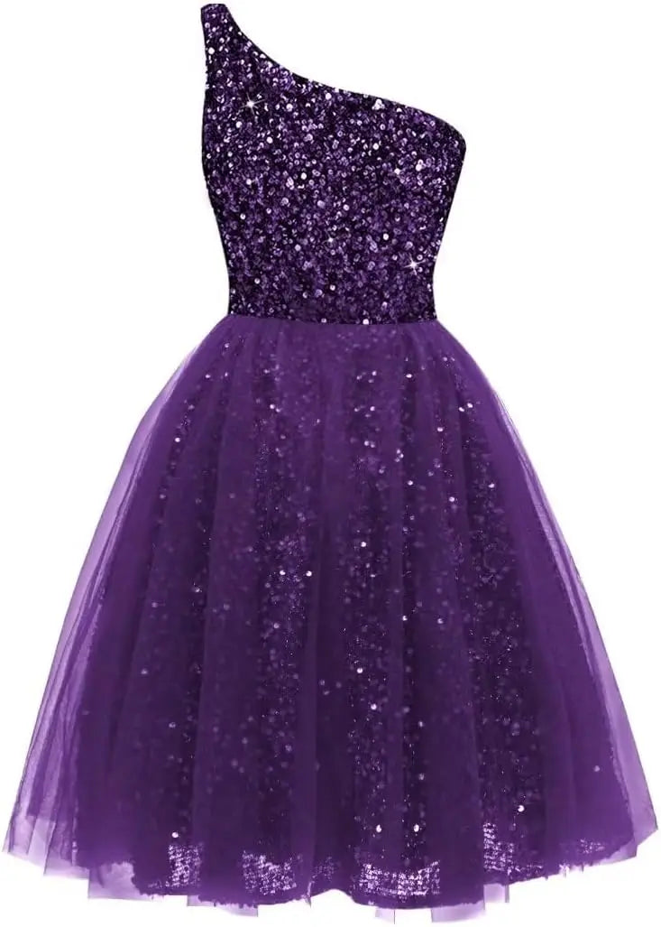 One Shoulder Sequin Homecoming Dresses Short Tulle Prom Dresses for Women A Line Princess Formal Cocktail Gown Gowns