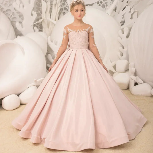 Vestidos de niña de las flores personalizados con estampado floral blanco y satén rosa con lazo de manga larga para bodas, fiestas de cumpleaños y banquetes. 